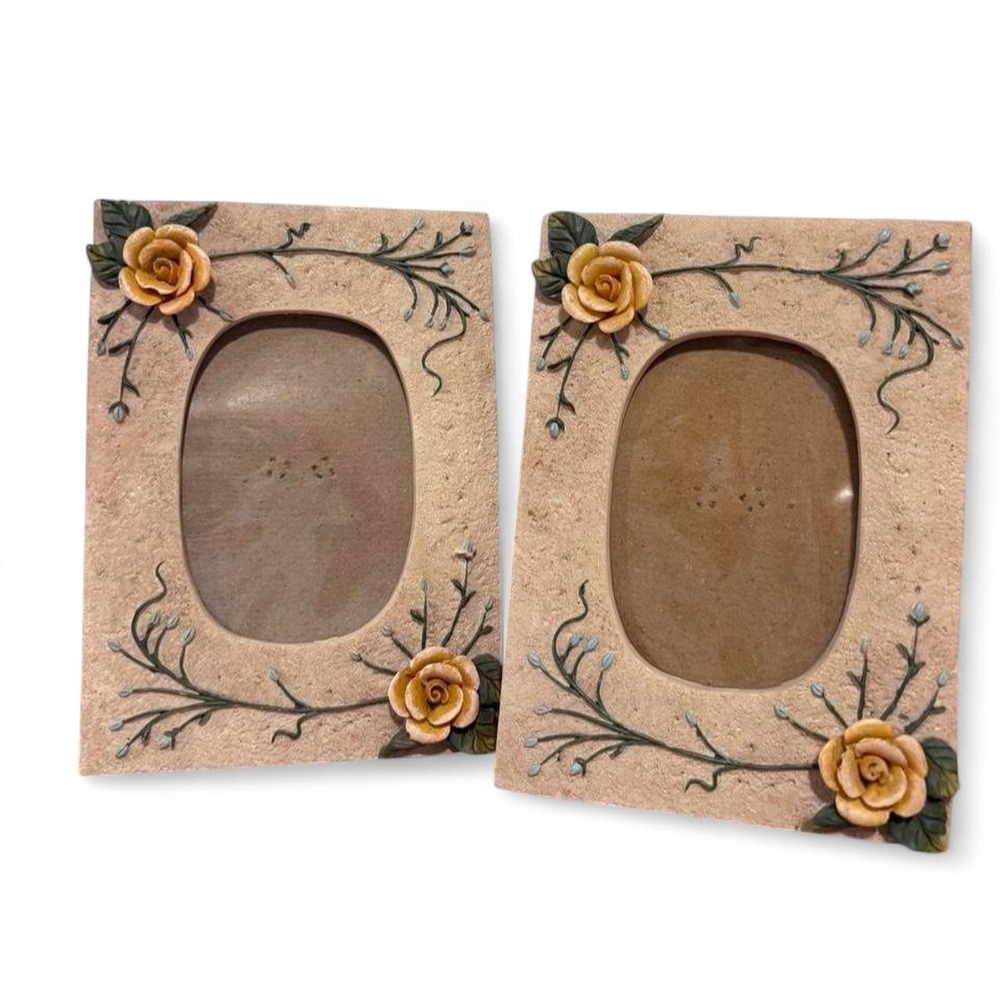 Vintage Yellow Rose Resin Photo Frames Set of 2 Shabby Chic Cottagecore Decor